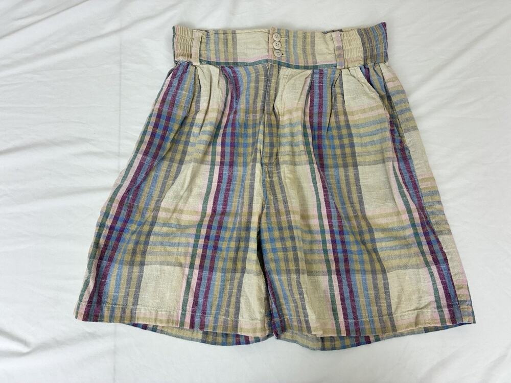 Vintage Womens High Rise Mom Shorts Plaid Pleated Cottage Small 80s 90s